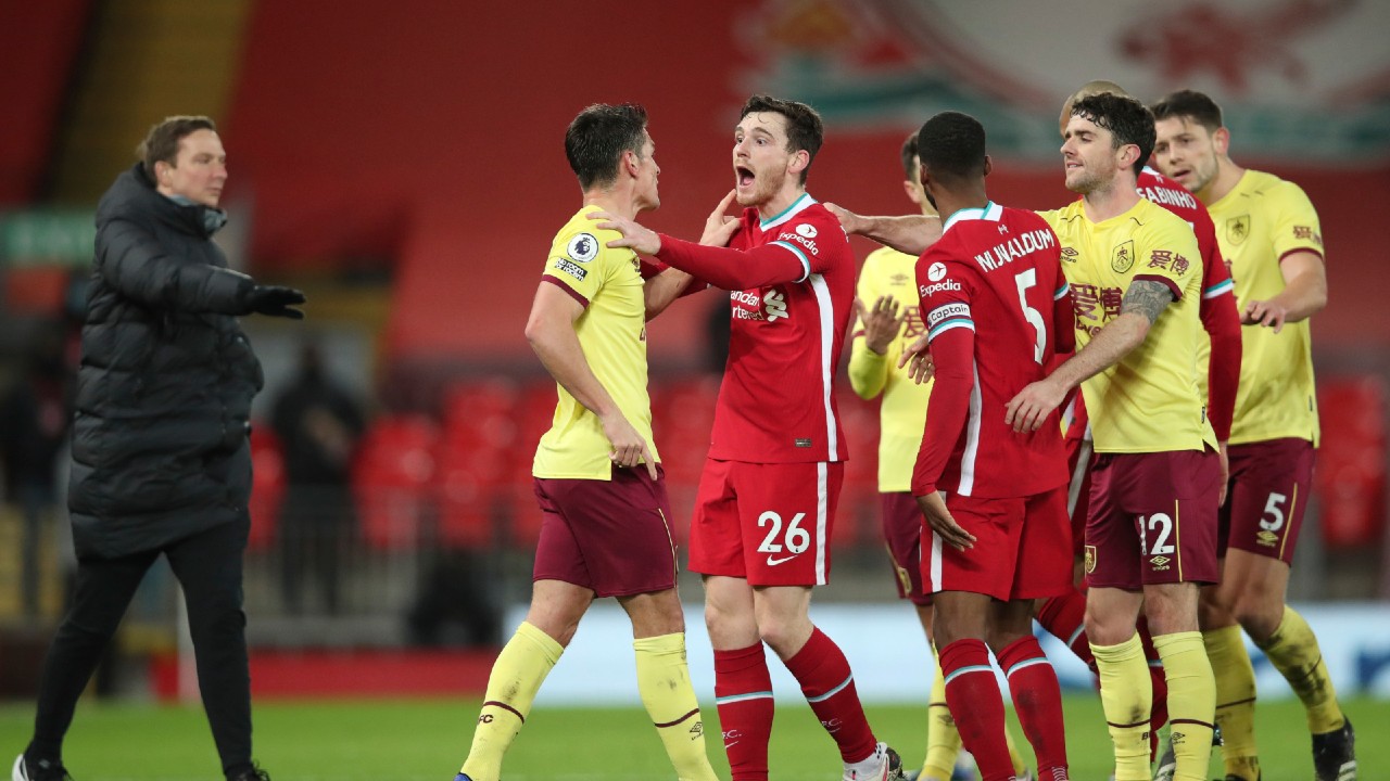 Liverpool's and Burney's players argue during the English Premier League soccer match between Liverpool and Burnley in Liverpool, England, Thursday, Jan. 21, 2021. (Clive Brunskill/Pool via AP)