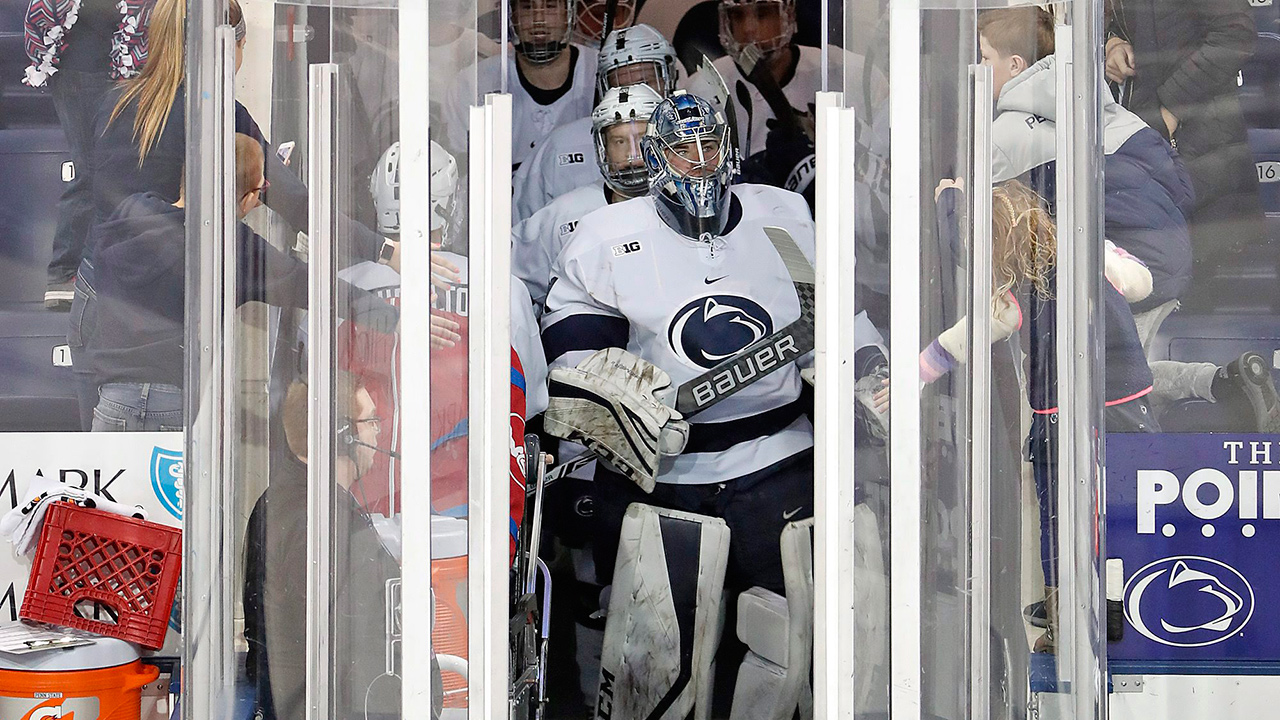 In this Jan. 5, 2018, photo, Penn State University goalie Peyton Jones (31) leads the men's hockey team onto the ice for warm-ups before an NCAA hockey game against the University of Wisconsin in State College, Pa. (Gene J. Puskar/AP)