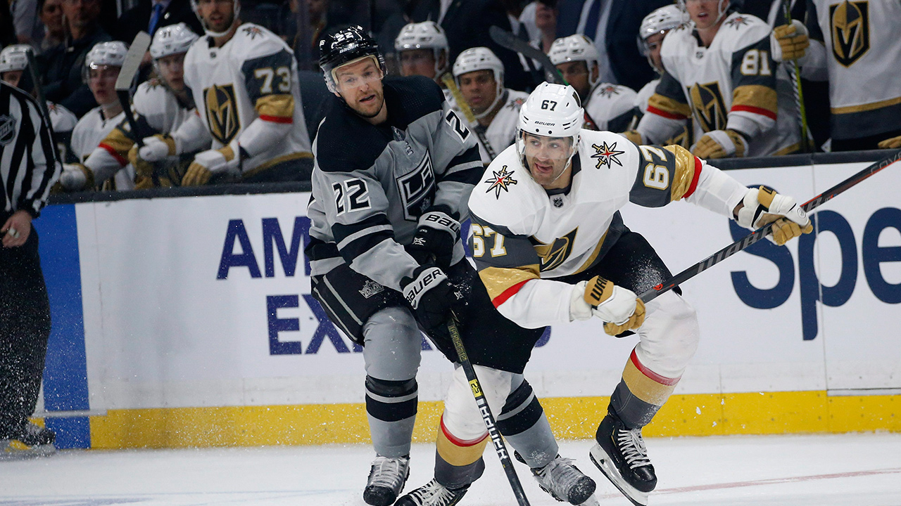 Los Angeles Kings forward Trevor Lewis (22) and Vegas Golden Knights forward Max Pacioretty (67) watch the puck during the first period on Saturday, April 6, 2019, in Los Angeles. (Ringo H.W. Chiu/AP)
