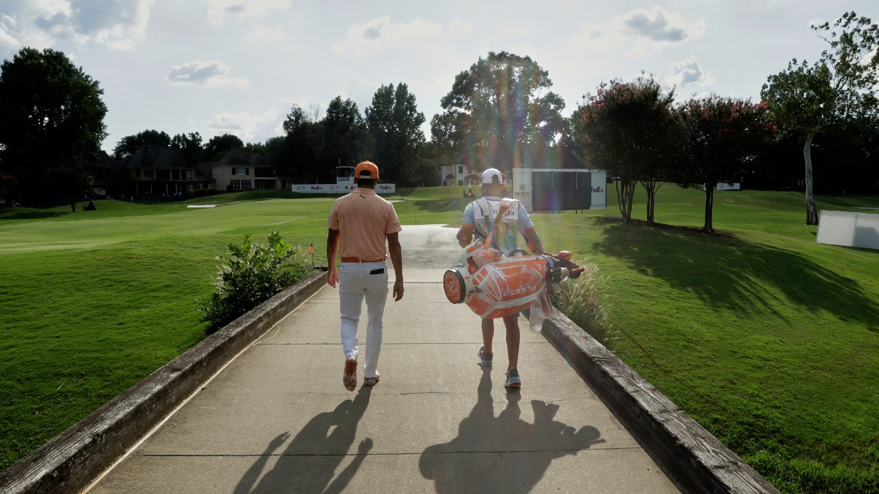 Rickie Fowler walks to the 17th green during the final round of the World Golf Championship-FedEx St. Jude Invitational Sunday, Aug. 2, 2020, in Memphis, Tenn. (Mark Humphrey/AP)