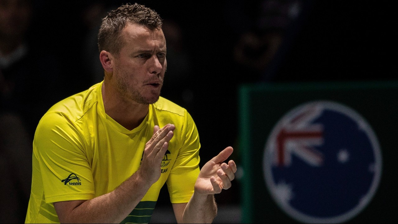 Australia's captain Lleyton Hewitt during the Davis Cup tennis match between Nick Kyrgios and Belgium's Steve Darcis. (Bernat Armangue/AP)