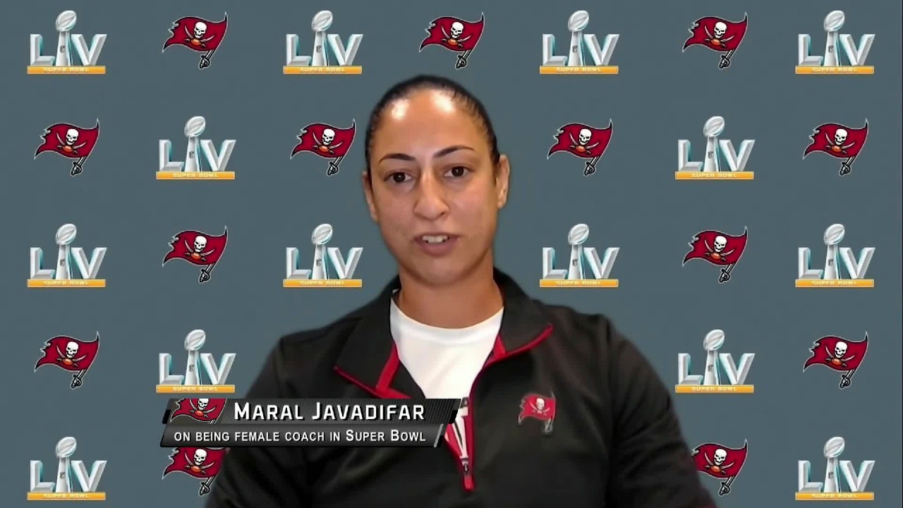 In this still image from video provided by the NFL, Tampa Bay Buccaneers assistant strength and conditioning coach Maral Javadifar speaks during Super Bowl 55 Opening Night. (NFL via AP) 