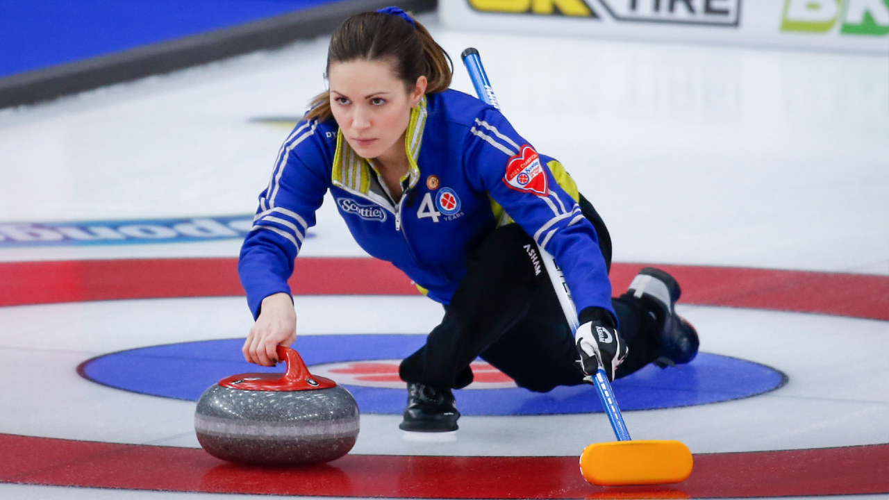 Team Alberta skip Laura Walker makes a shot at the Scotties Tournament of Hearts in Calgary, Alta., Saturday, Feb. 20, 2021. (Jeff McIntosh/CP)