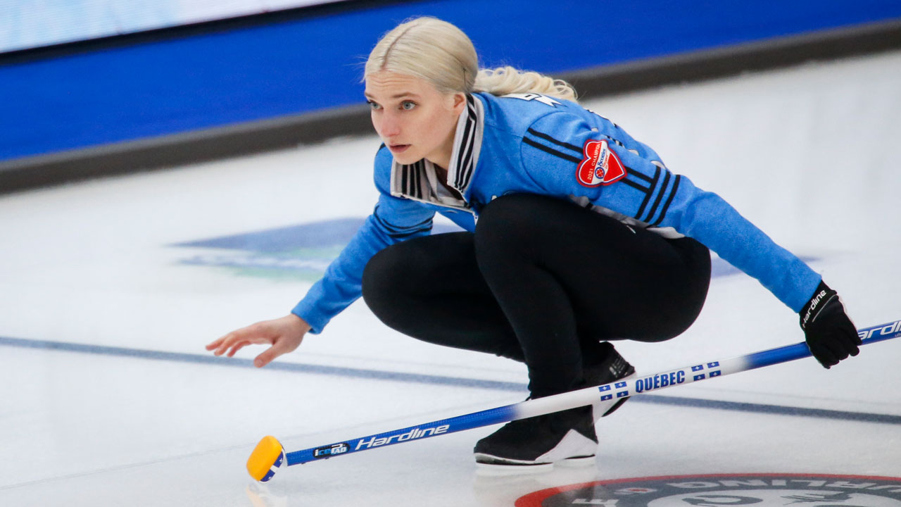 Team Quebec skip Laurie St-Georges reacts to her shot against Team Prince Edward Island at the Scotties Tournament of Hearts. (Jeff McIntosh/CP)