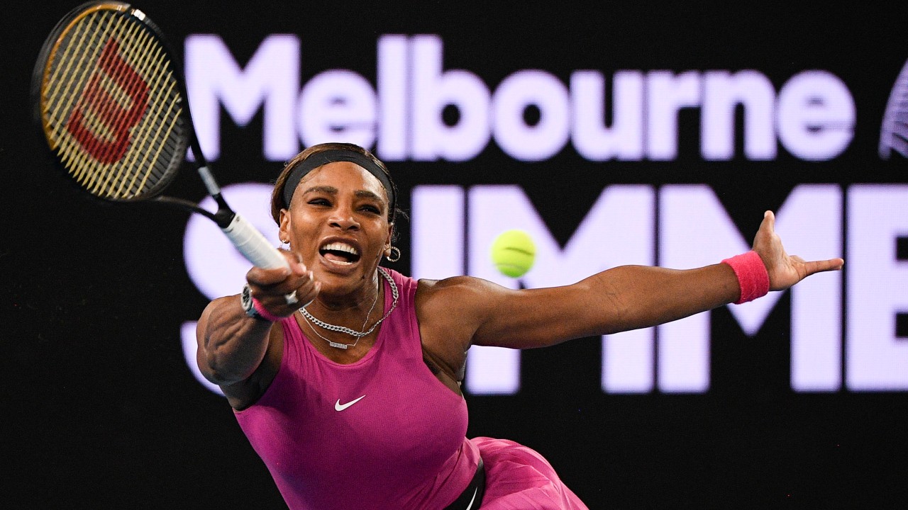 United States' Serena Williams makes a forehand return to compatriot Danielle Collins during a tuneup event ahead of the Australian Open tennis championships. (Andy Brownbill/AP)