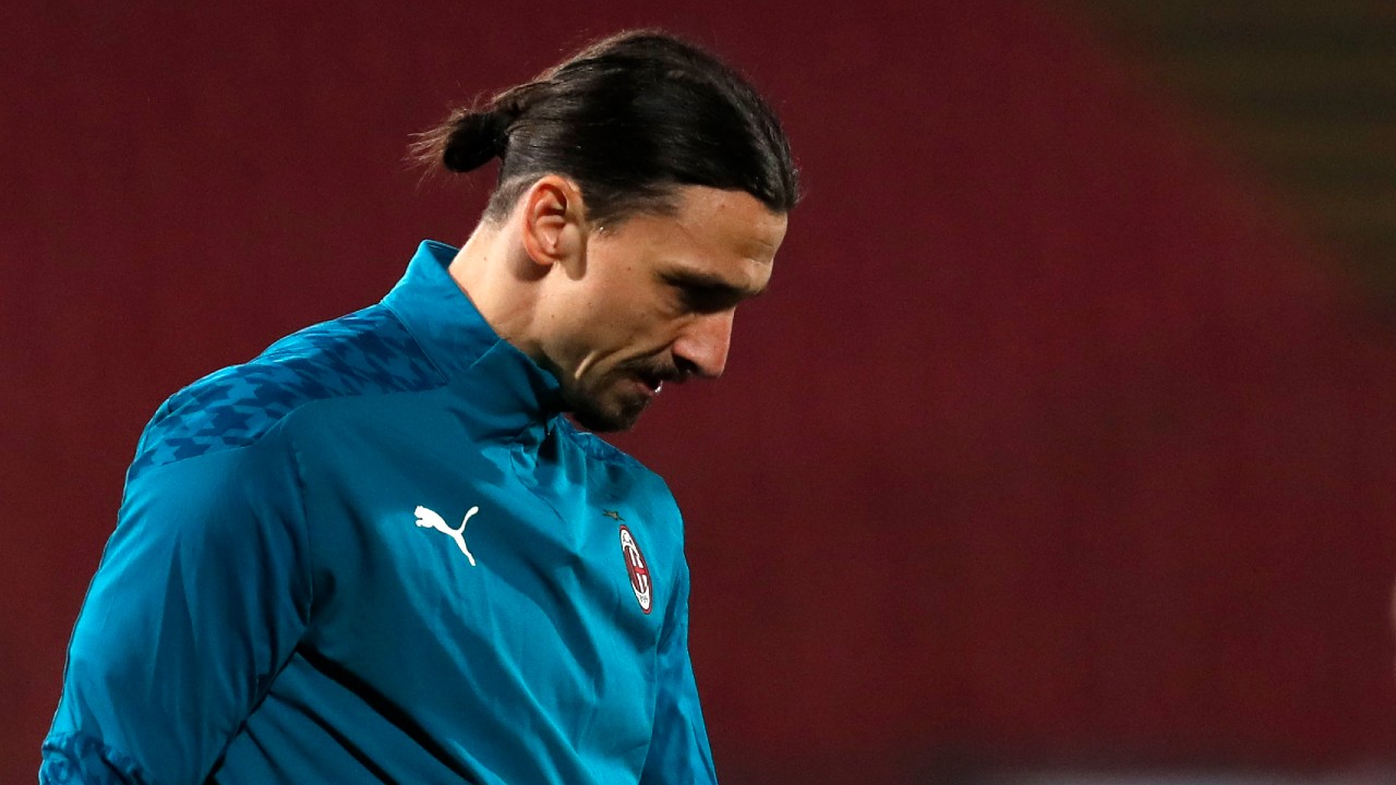 AC Milan's Zlatan Ibrahimovic looks on during warm up before the Europa League round of 32 first leg soccer match between Red Star and AC Milan at the Rajko Mitic Stadium in Belgrade, Serbia, Thursday, Feb. 18, 2021. (Darko Vojinovic / AP)