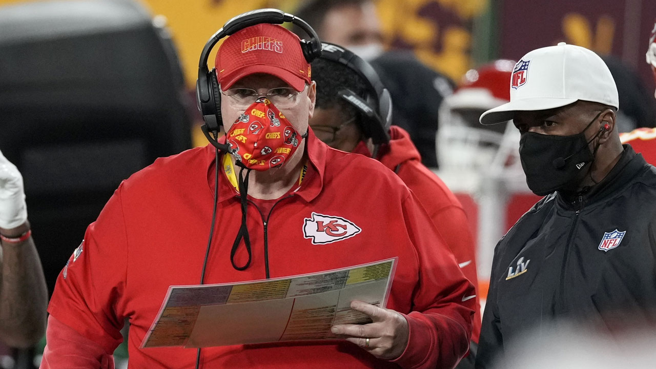 Kansas City Chiefs head coach Andy Reid watches from the sideline during the first half of the NFL Super Bowl 55 football game against the Tampa Bay Buccaneers. (Chris O'Meara/AP)