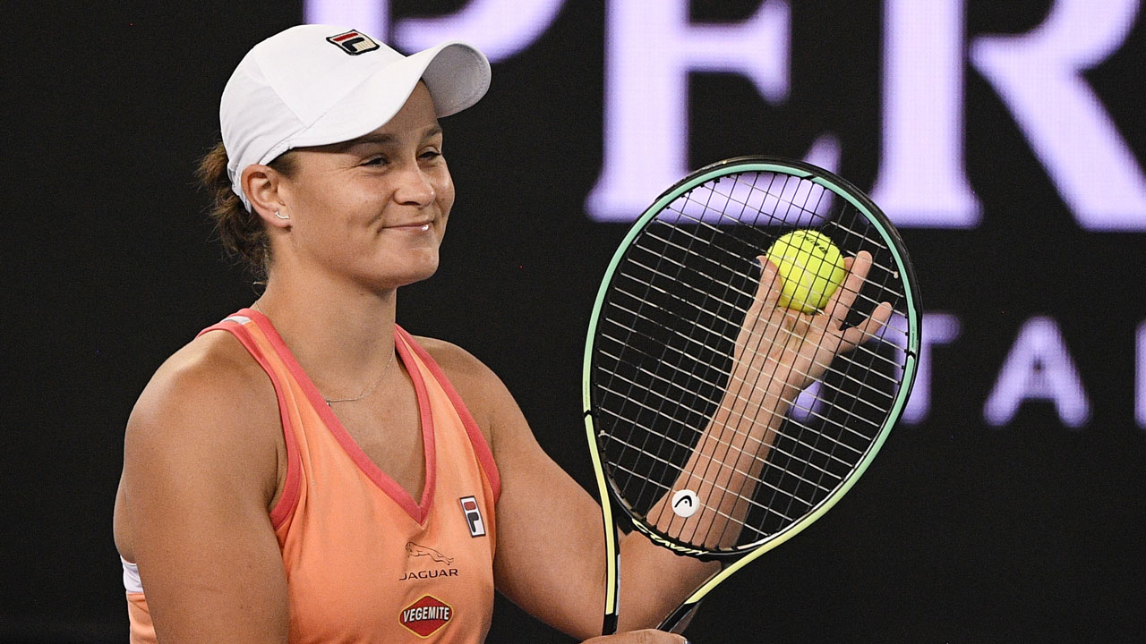 Australia's Ash Barty celebrates after defeating Spain's Garbine Muguruza in the final of the Yarra River Classic in Melbourne. (Andy Brownbill/AP)