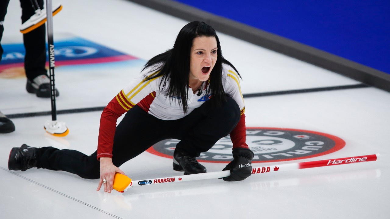 Team Canada skip Kerri Einarson yells to her sweepers at the Scotties Tournament of Hearts in Calgary, Alta., Friday, Feb. 19, 2021.THE CANADIAN PRESS/Jeff McIntosh