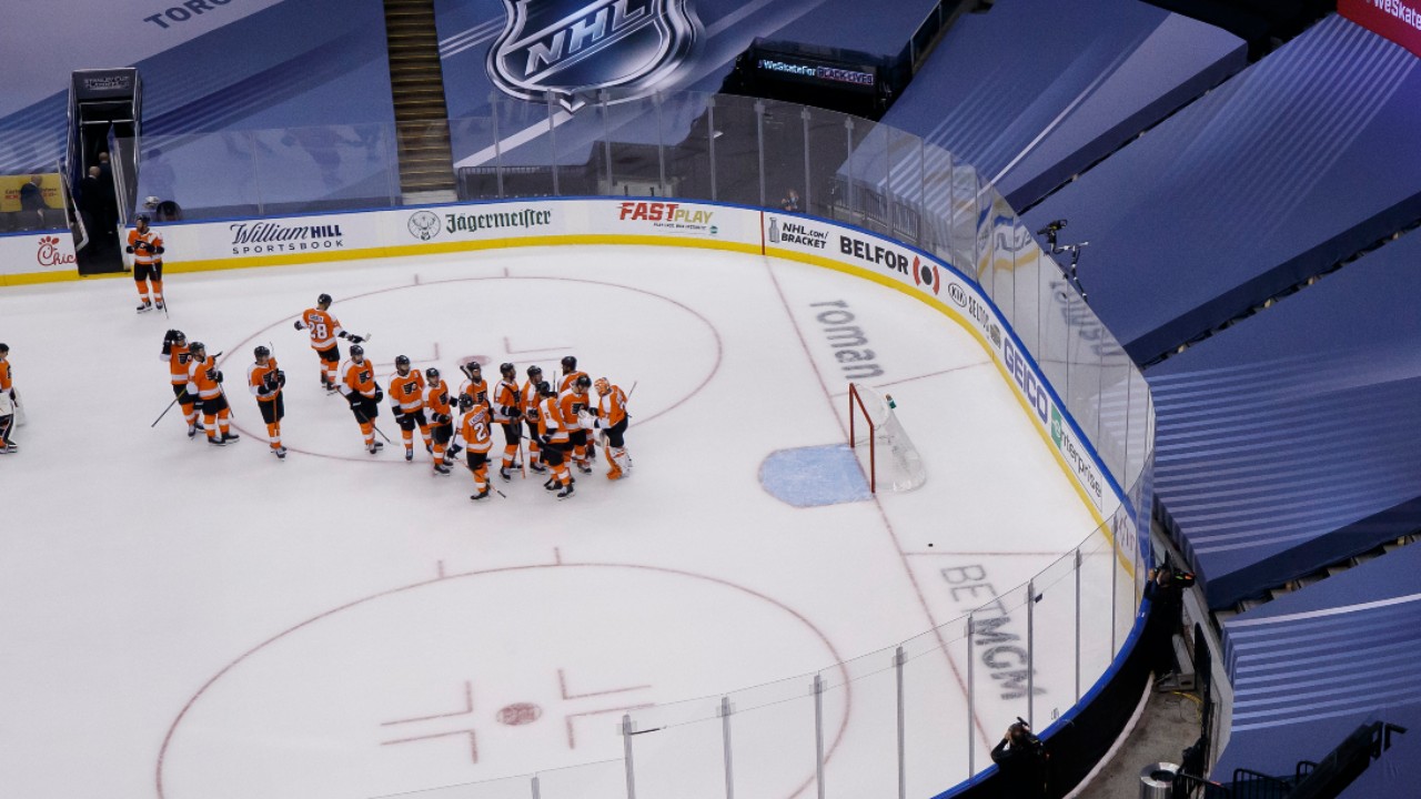 The Philadelphia Flyers celebrate their win at the end of third period of NHL Stanley Cup qualifying round action against the Washington Capitals, in Toronto, Thursday, Aug. 6, 2020. (Cole Burston/CP)