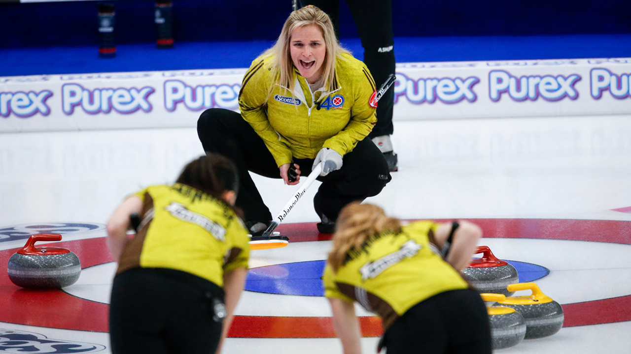 Team Manitoba skip Jennifer Jones, centre, directs her team against Team Prince Edward Island at the Scotties Tournament of Hearts in Calgary, Alta., Wednesday, Feb. 24, 2021. (Jeff McIntosh/CP)