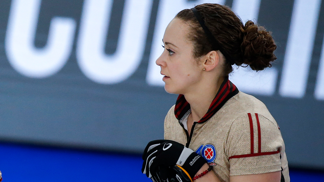 Team Ontario lead Joanne Courtney at the Scotties Tournament of Hearts in Calgary, Alta., Tuesday, Feb. 23, 2021. (Jeff McIntosh/CP)