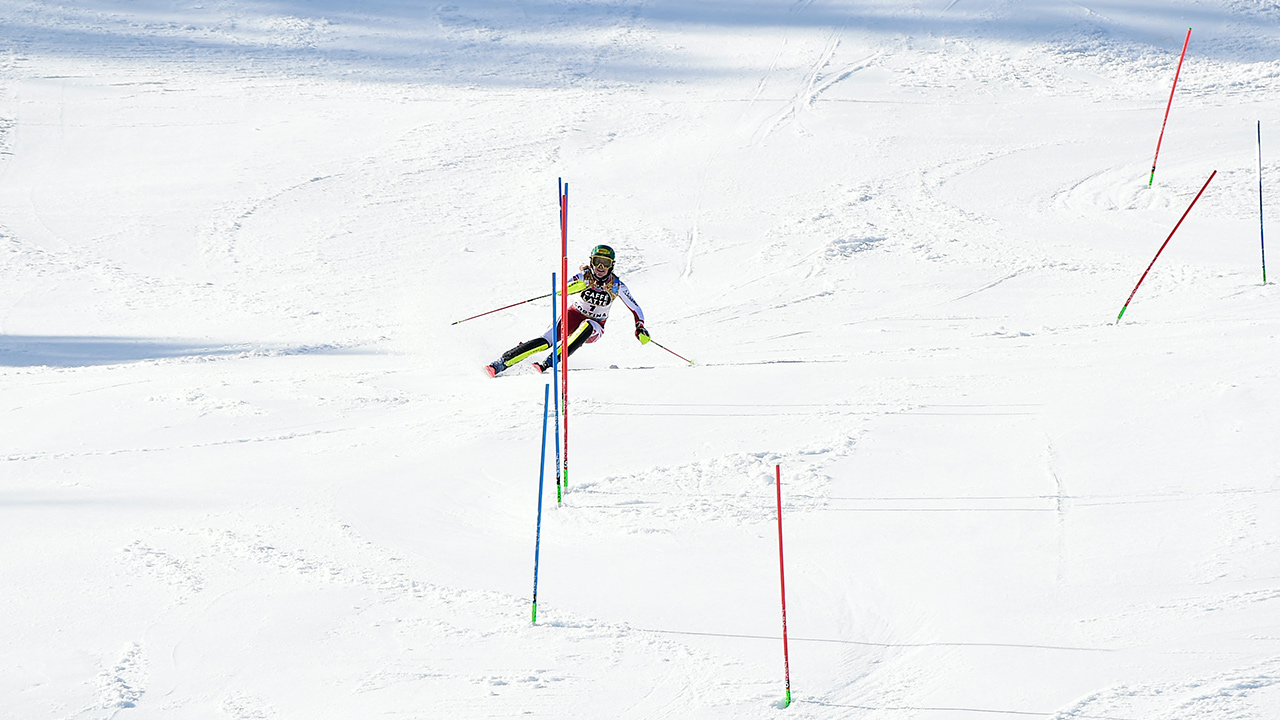 Austria's Katharina Liensberger competes during the women's slalom, at the alpine ski World Championships in Cortina d'Ampezzo, Italy, Saturday, Feb. 20, 2021. (Marco Tacca/AP)