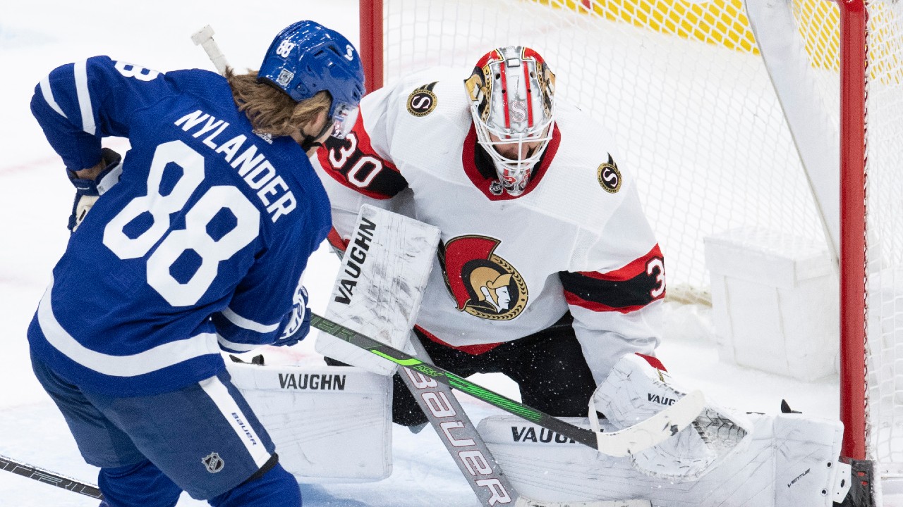 Ottawa Senators goaltender Matt Murray (30) makes a save on Toronto Maple Leafs centre William Nylander (88) during second period NHL action in Toronto on Wednesday, February 17, 2021. (Frank Gunn/CP)