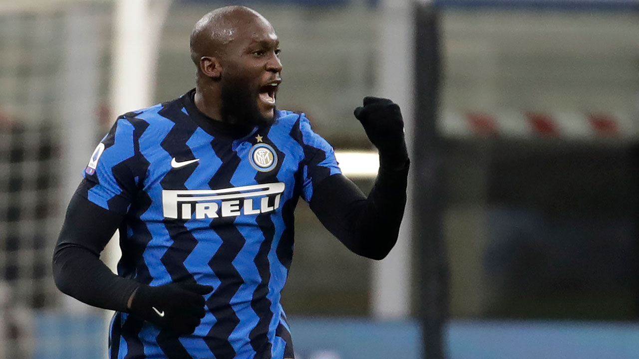 Inter Milan's Romelu Lukaku celebrates after scores with penalty against Lazio during a Serie A soccer match between Inter Milan and Lazio. (Luca Bruno/AP)