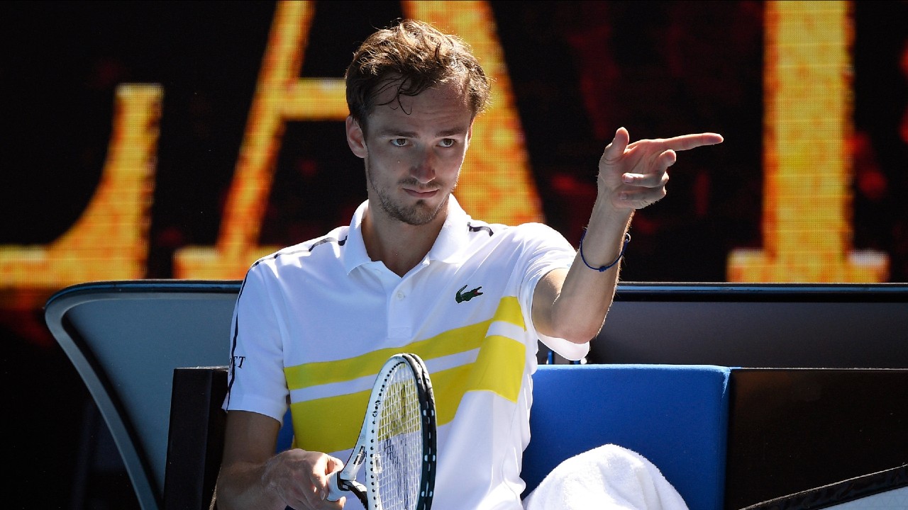 Russia's Daniil Medvedev gestures after defeating Serbia's Filip Krajinovic in their third round match at the Australian Open tennis championship in Melbourne, Australia, Saturday, Feb. 13, 2021. (Andy Brownbill/AP)