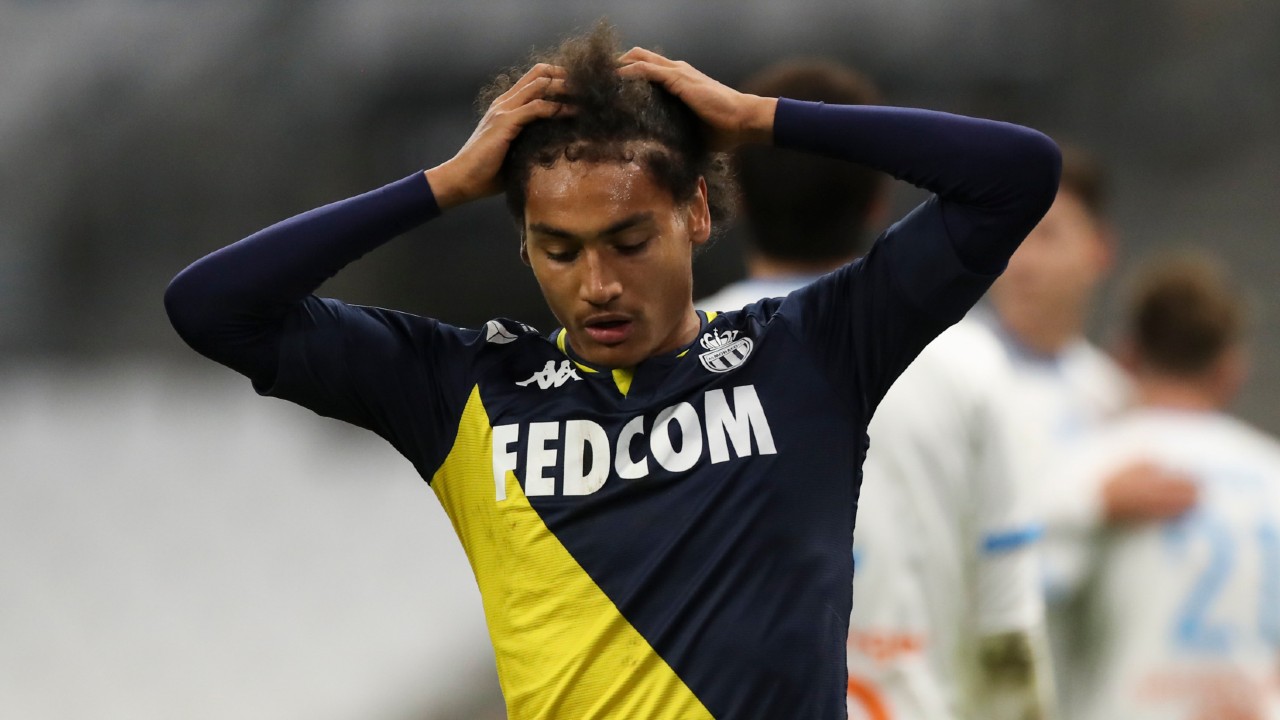 Monaco's Enzo Millot reacts during the French League One soccer match between Marseille and Monaco at the Stade Velodrome in Marseille, southern France, Saturday Dec. 12, 2020. (Daniel Cole/AP)