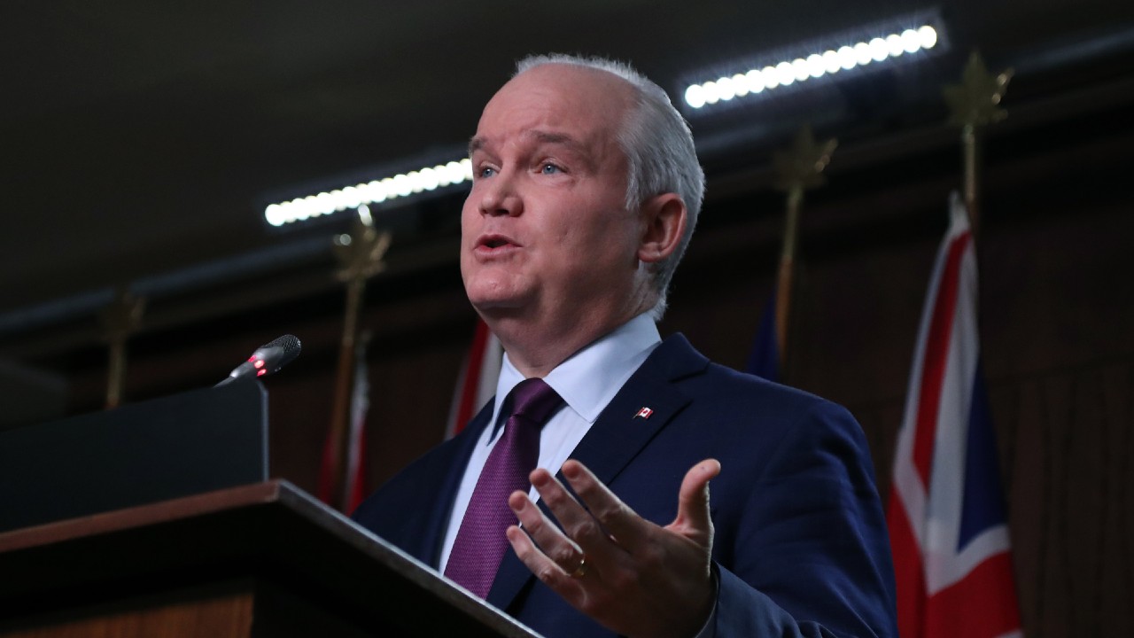 Conservative Party leader Erin O’Toole speaks at a press conference in Ottawa on Tuesday, Feb. 16, 2021. (David Kawai/CP)