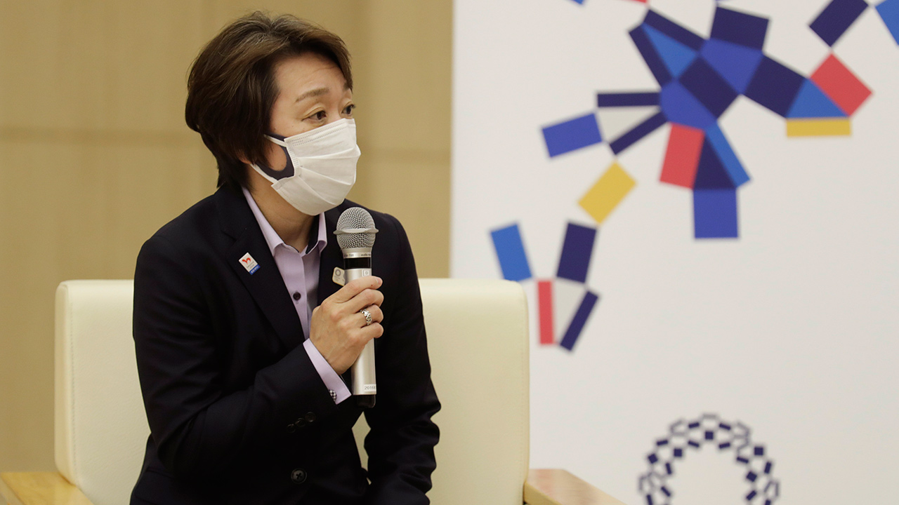 President of the Tokyo 2020 Olympics Organizing Committee Seiko Hashimoto speaks with Tokyo Gov. Yuriko Koike in Tokyo on Friday, Feb. 19, 2021. (Hiro Komae/AP)