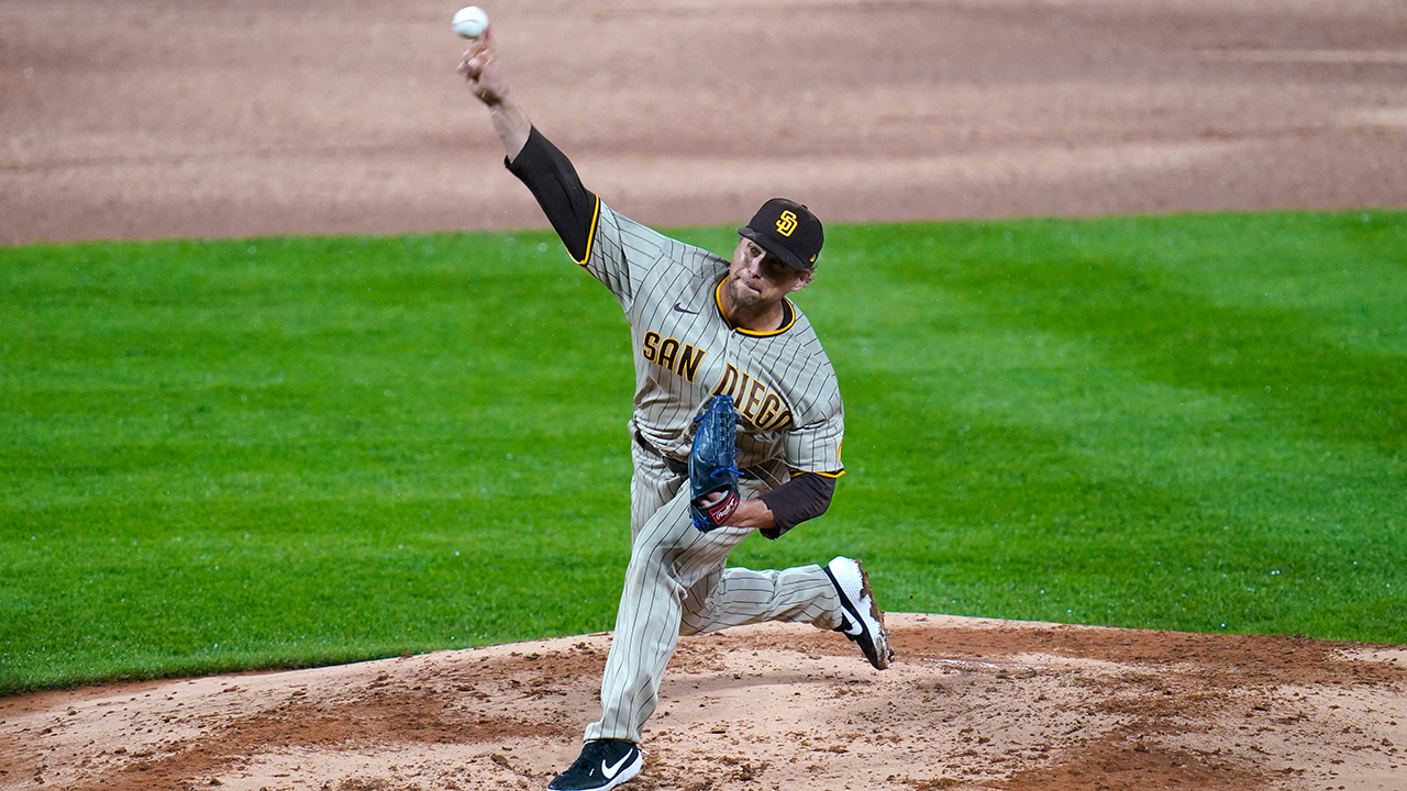 San Diego Padres relief pitcher Trevor Rosenthal works against the Colorado Rockies in the ninth inning on Monday, Aug. 31, 2020, in Denver. (David Zalubowski/AP)