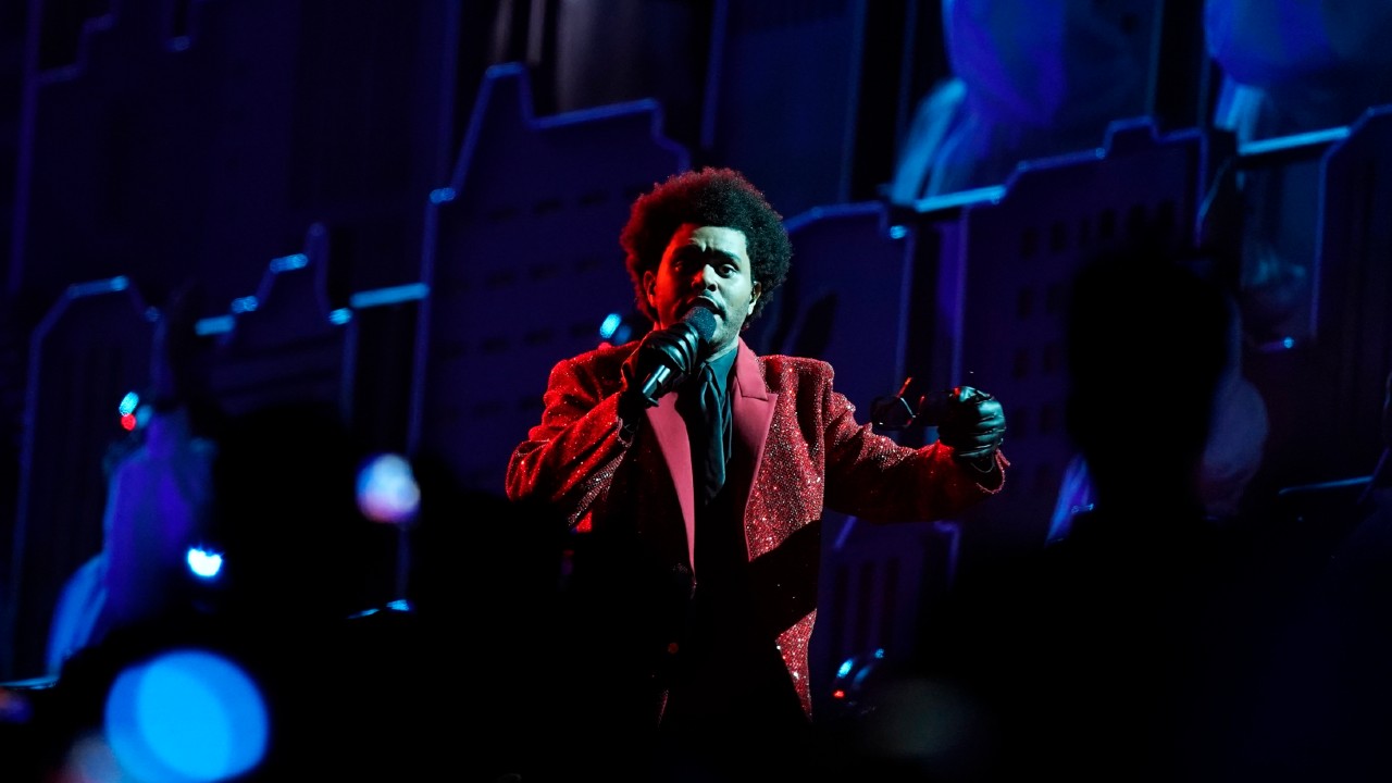 The Weeknd performs during halftime of the NFL Super Bowl 55 football game between during the halftime show of the NFL Super Bowl 55 football game between the Kansas City Chiefs and Tampa Bay Buccaneers, Sunday, Feb. 7, 2021, in Tampa, Fla. (Mark Humphrey/AP)