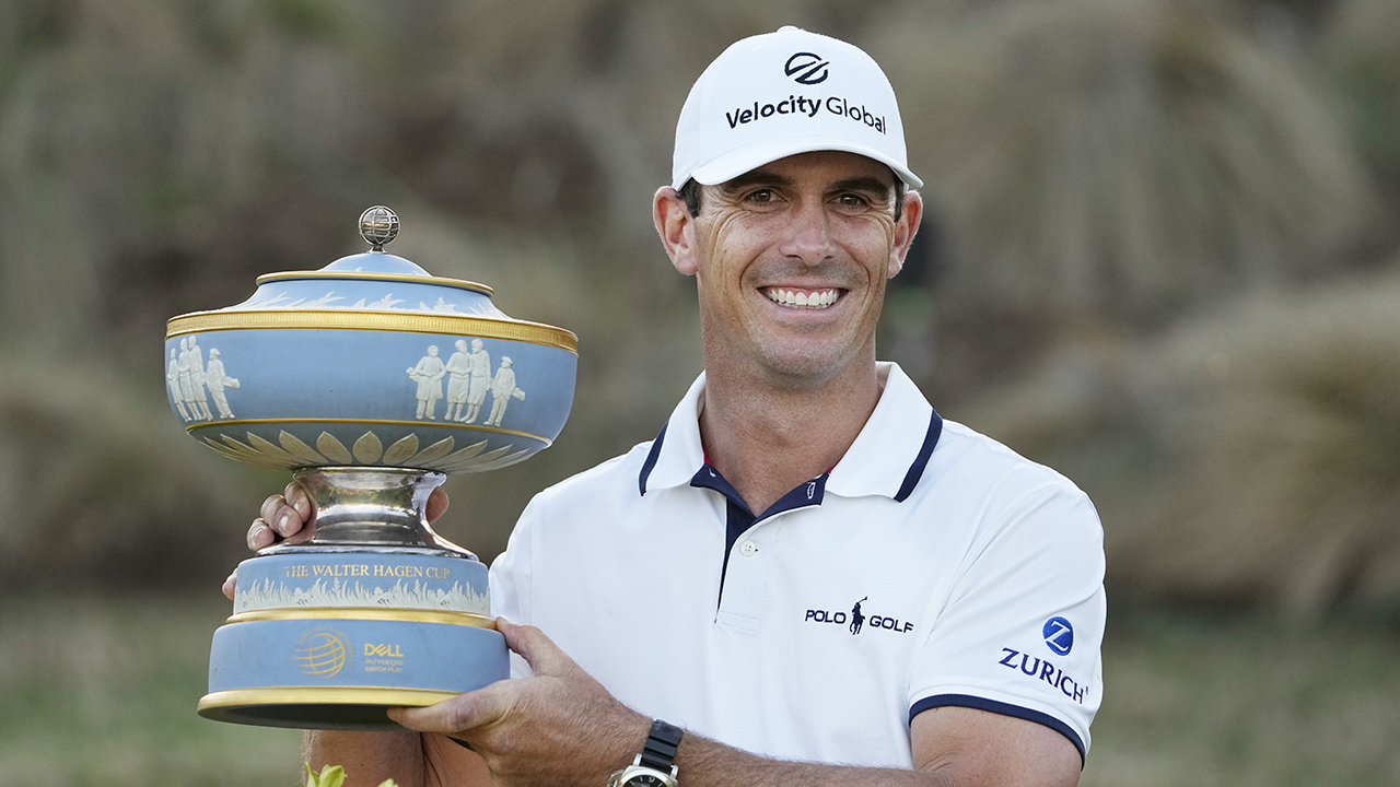 Billy Horschel holds his trophy after winning the Dell Technologies Match Play Championship golf tournament Sunday, March 28, 2021, in Austin, Texas. (David J. Phillip/AP)