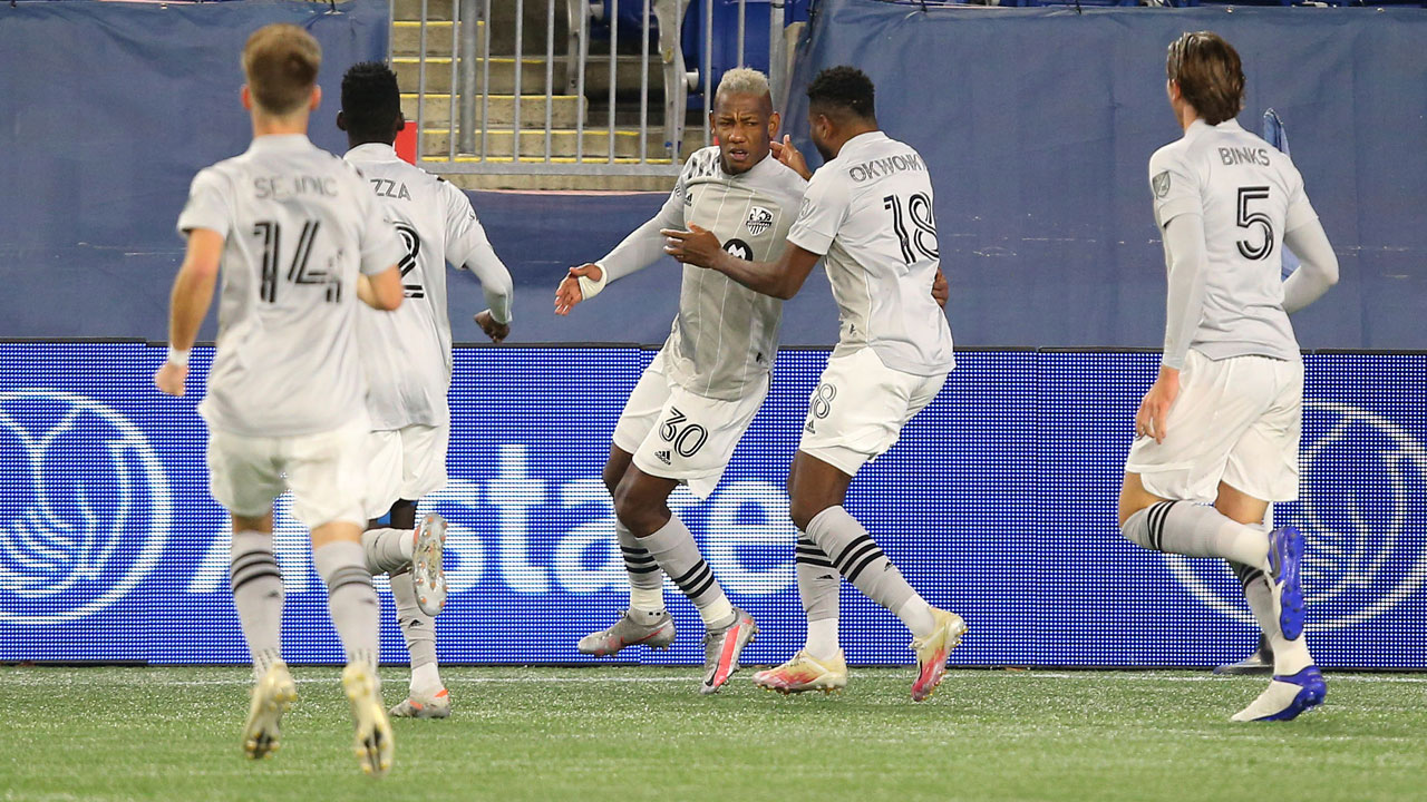 Montreal Impact forward Romell Quioto (30) celebrates his goal with forward Orji Okwonkwo (18) during the second half of a match against the New England Revolution. (Stew Milne/AP)