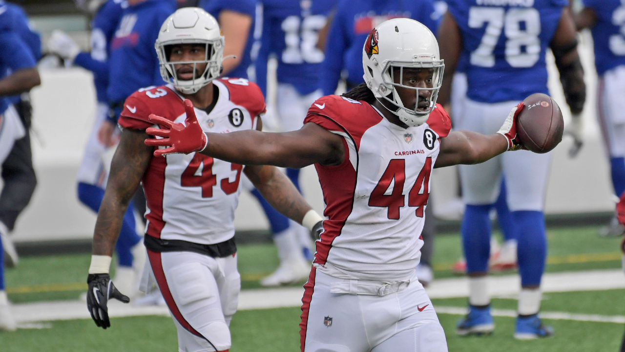 Arizona Cardinals' Markus Golden (44) celebrates a fumble recovery during the first half of an NFL football game against the New York Giants, Sunday, Dec. 13, 2020, in East Rutherford, N.J. (AP Photo/Bill Kostroun)