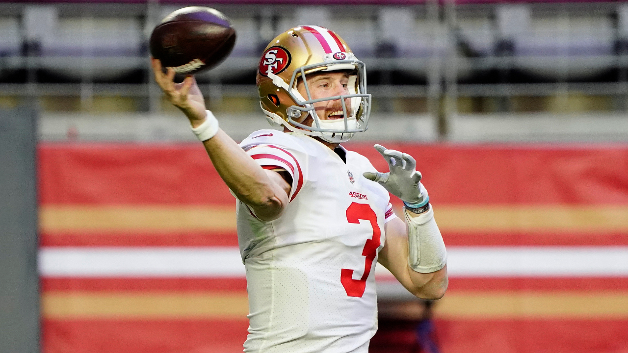San Francisco 49ers quarterback C.J. Beathard (3) throws against the Seattle Seahawks during the first half of an NFL football game, Sunday, Jan. 3, 2021, in Glendale, Ariz. (AP Photo/Rick Scuteri)