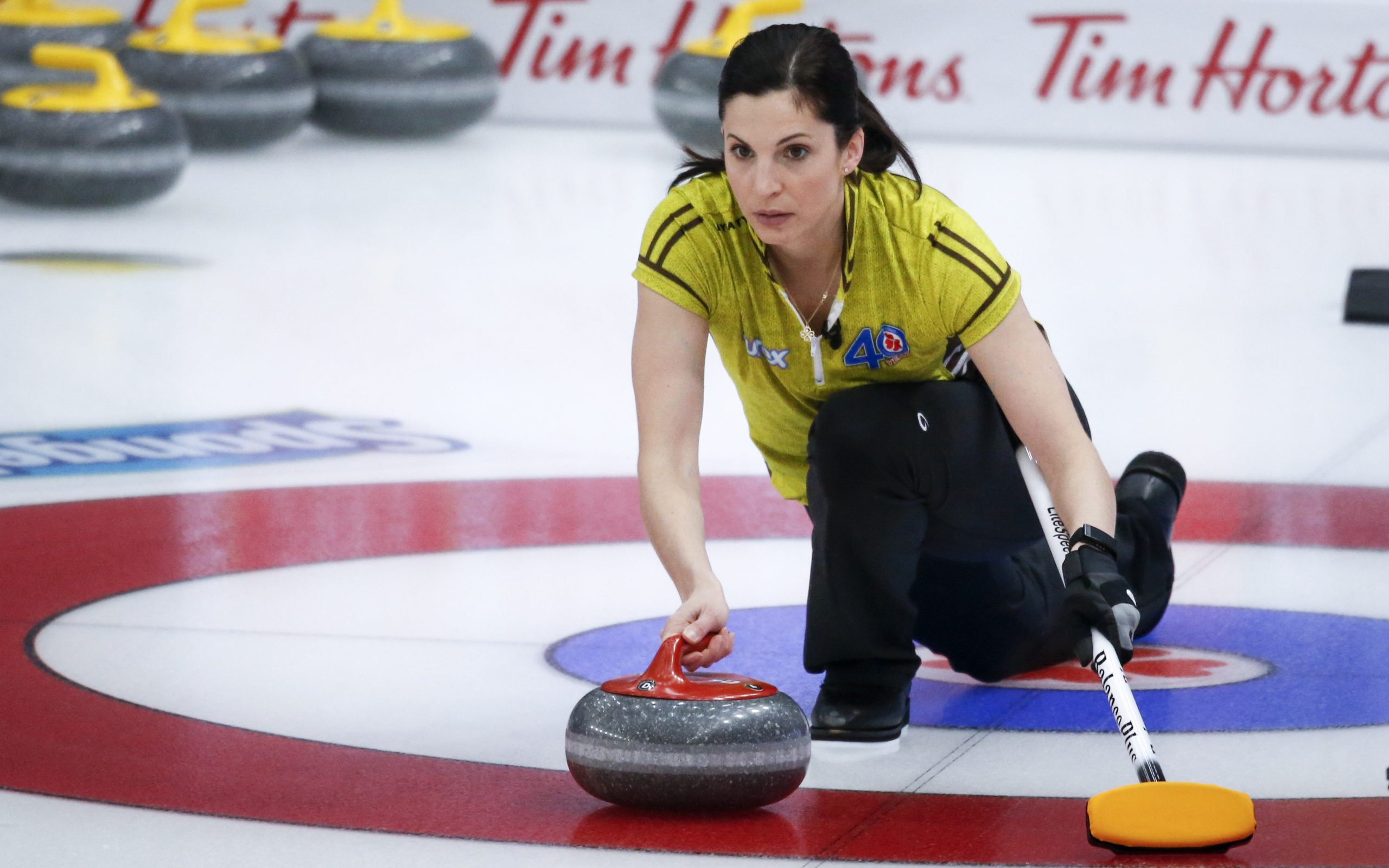 Team Manitoba lead Lisa Weagle makes a shot as she plays Team Prince Edward Island at the Scotties Tournament of Hearts in Calgary, Alta., Wednesday, Feb. 24, 2021.THE CANADIAN PRESS/Jeff McIntosh