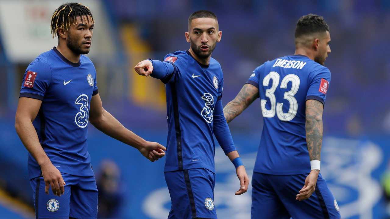Chelsea's Hakim Ziyech, centre, celebrates after scoring his side's second goal during an English FA Cup quarterfinal match against Sheffield United. (Kirsty Wigglesworth/AP)