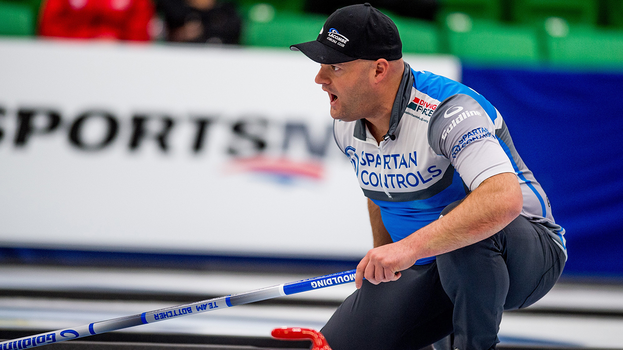 Darren Moulding watches a rock during the second end of the men's final of the Humpty's Champions Cup against Team Koe in Saskatoon SK. (Matt Smith/CP).