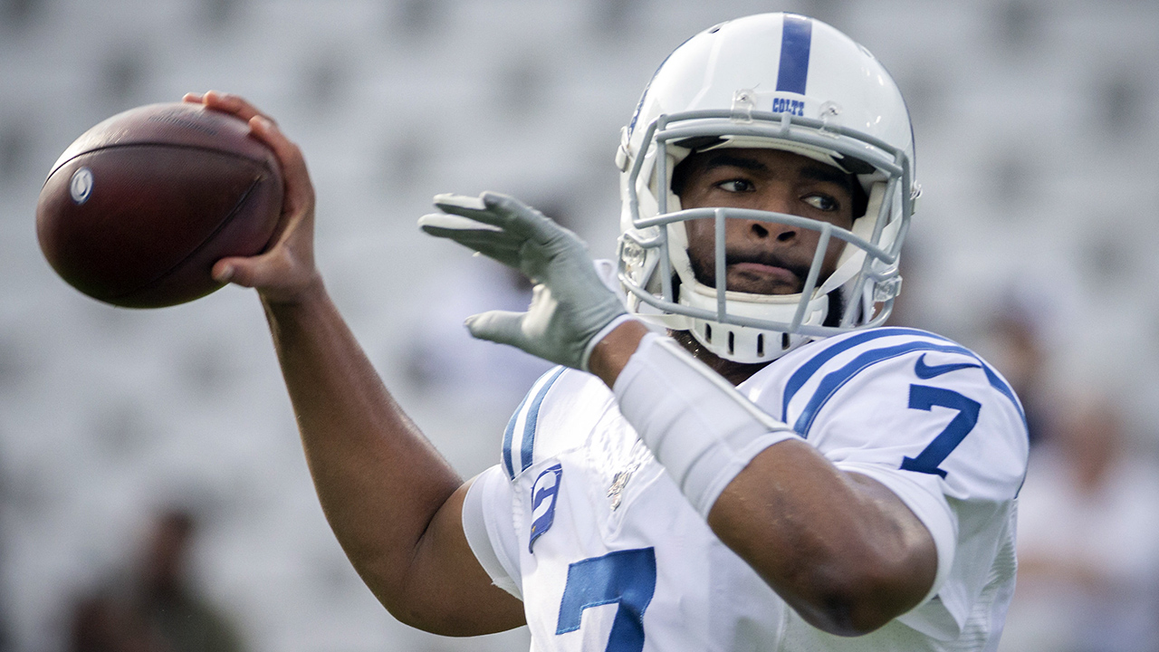 Indianapolis Colts quarterback Jacoby Brissett (7) warms up before the start of an NFL football game against the Jacksonville Jaguars in Jacksonville, Fla. (Stephen B. Morton/AP)