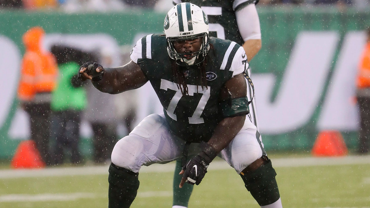 Former New York Jets offensive guard James Carpenter has been released by the Atlanta Falcons. (Winslow Townson/AP Images for Panini via AP, File)