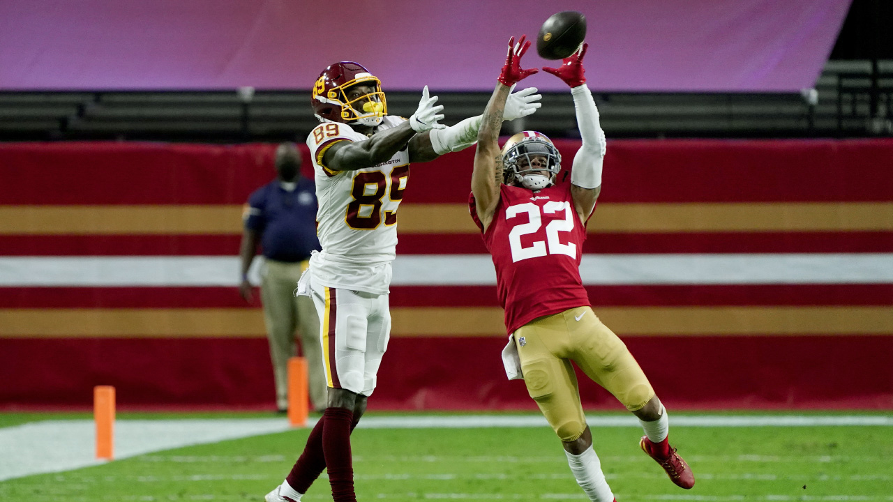 San Francisco 49ers cornerback Jason Verrett (22) intercepts a pass intended for Washington Football Team wide receiver Cam Sims (89) during the first half of an NFL football game. (Rick Scuteri/AP)