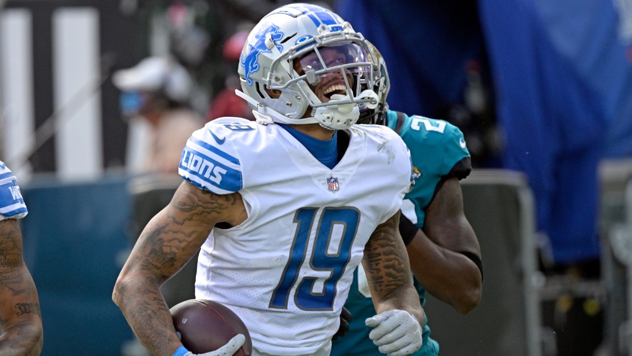 Detroit Lions wide receiver Kenny Golladay (19) celebrates a reception against the Jacksonville Jaguars during the second half of an NFL football game, Sunday, Oct. 18, 2020, in Jacksonville, Fla. (Phelan M. Ebenhack/AP)