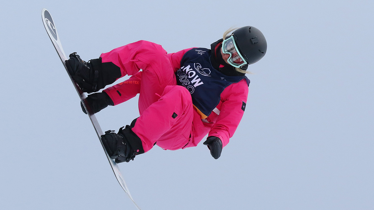 Gold medalist Laurie Blouin of Canada during a run in the finals of the FIS Snowboard World Cup, Snowboard Slopestyle, in Calgary, Alta., Sunday, Feb. 16, 2020. THE CANADIAN PRESS/Dave Chidley