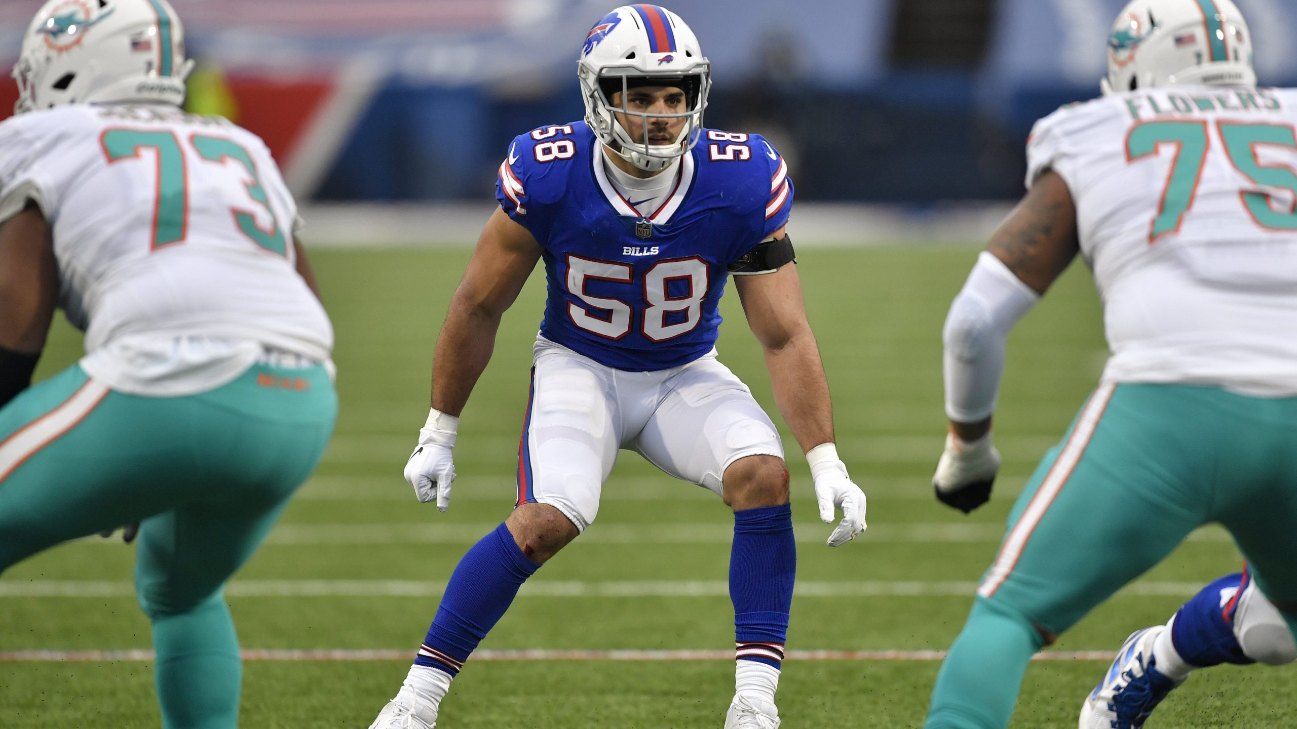 Buffalo Bills outside linebacker Matt Milano (58) runs a play in the second half of an NFL football game against the Miami Dolphins .(Adrian Kraus/AP)