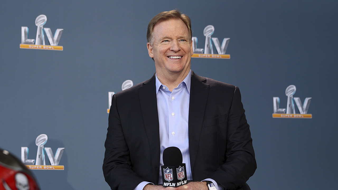NFL football commissioner Roger Goodell speaks at a press conference ahead of Super Bowl 55, Thursday, Feb. 4, 2021, in Tampa, Fla. (Perry Knotts/NFL via AP)
