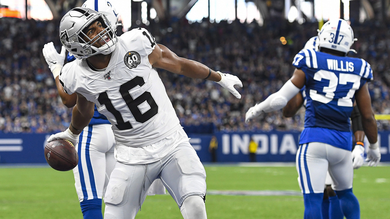 Former Las Vegas Raiders wide receiver Tyrell Williams (16) celebrates his touchdown against the Indianapolis Colts. (Doug McSchooler/AP)