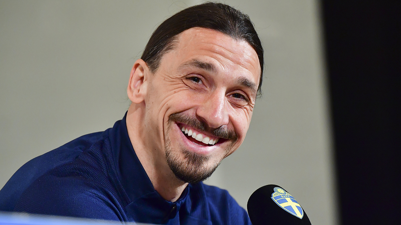 Zlatan Ibrahimovic attends a press conference at Friends Arena in Stockholm, Monday March 22, 2021. (Jonas Ekstromer/TT via AP)