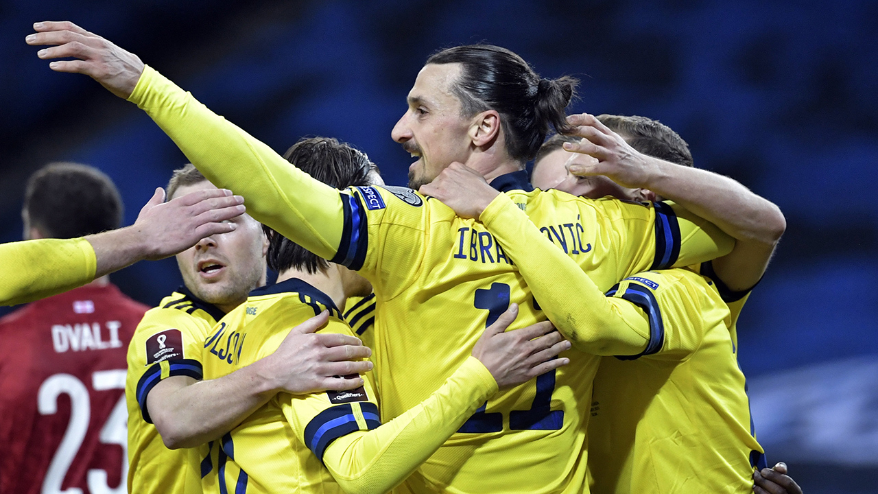 Sweden's Zlatan Ibrahimovic, center, celebrates scoring his side's first goal during World Cup 2022 qualifier group A soccer game between Sweden and Georgia. (Pontus Lundahl/TT News Agency via AP)