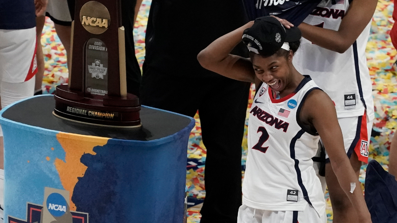 Arizona's Aari McDonald celebrates after an NCAA college basketball game against Indiana in the Elite Eight round of the Women's NCAA tournament Monday, March 29, 2021, at the Alamodome in San Antonio. Arizona won 66-53 to advance to the Final Four. (Morry Gash/AP)
