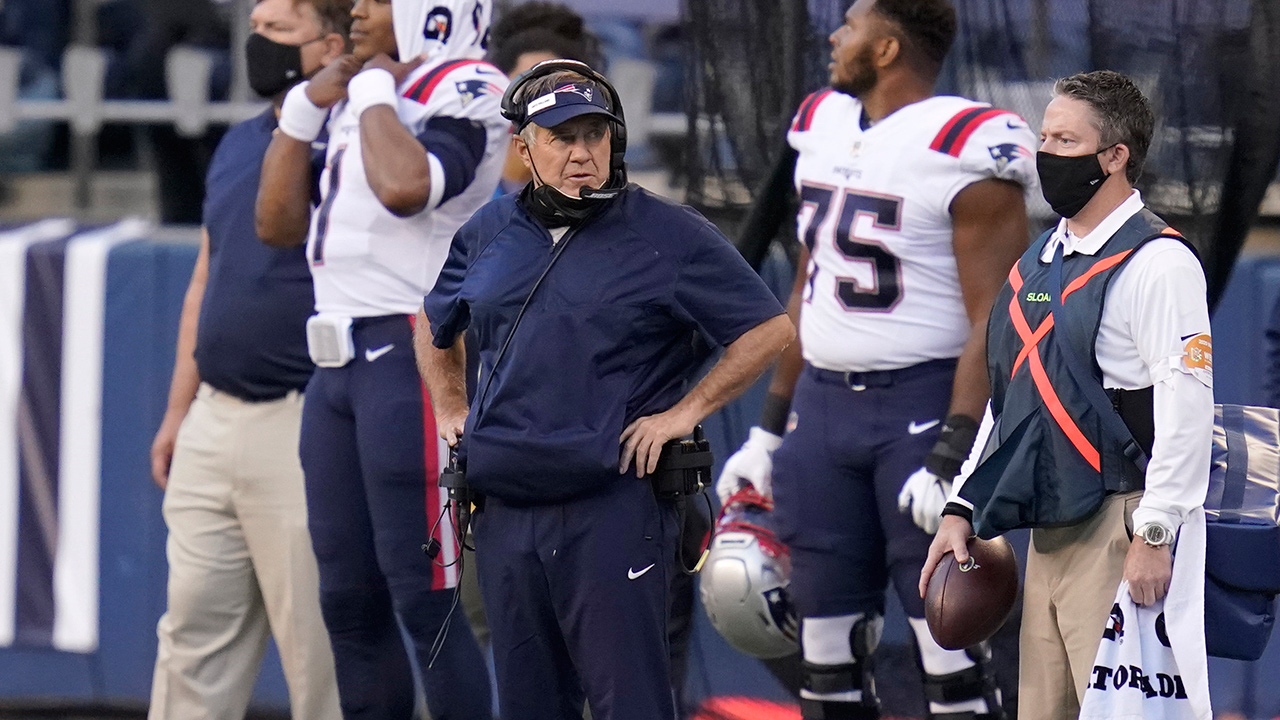 New England Patriots head coach Bill Belichick stands on the sideline during the first half against the Seattle Seahawks, Sunday, Sept. 20, 2020, in Seattle. (Elaine Thompson/AP)
