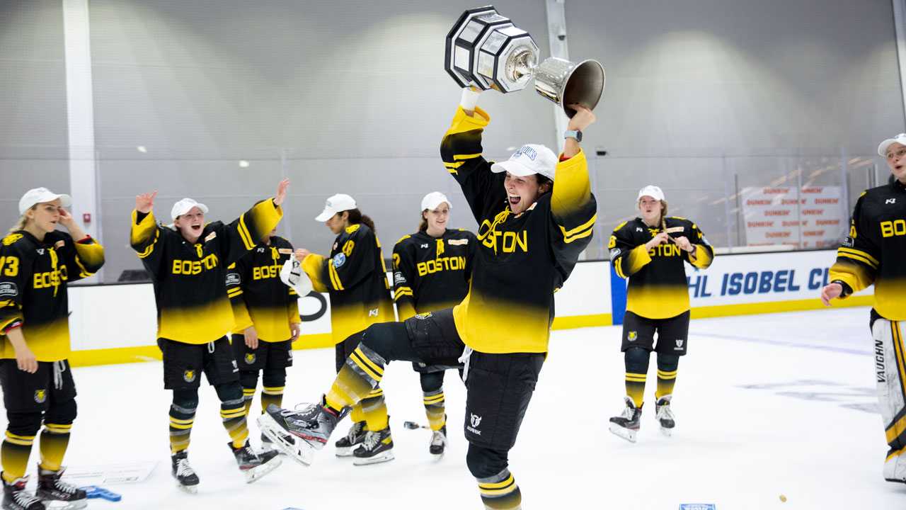 FILE: The Boston Pride celebrate after winning the Isobel Cup. (Michelle Jay/NWHL)