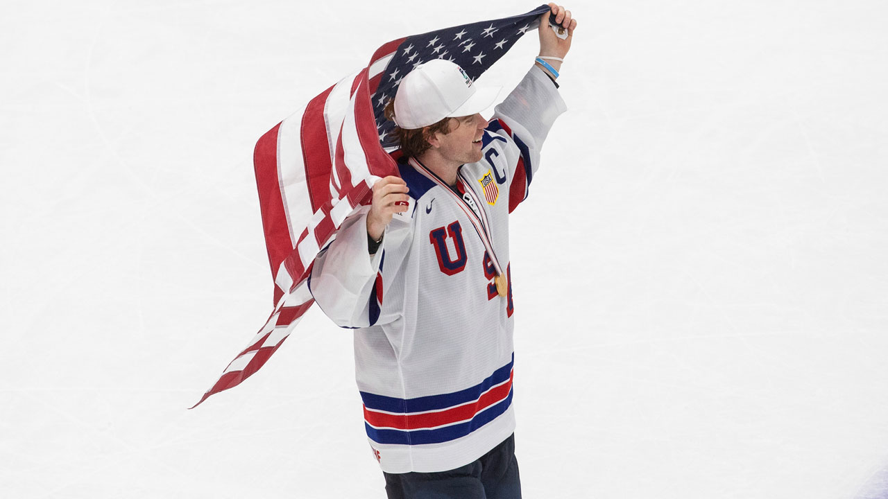 United States' Cam York (4) celebrates the win over Canada in IIHF World Junior Hockey Championship gold medal game. (Jason Franson/CP)