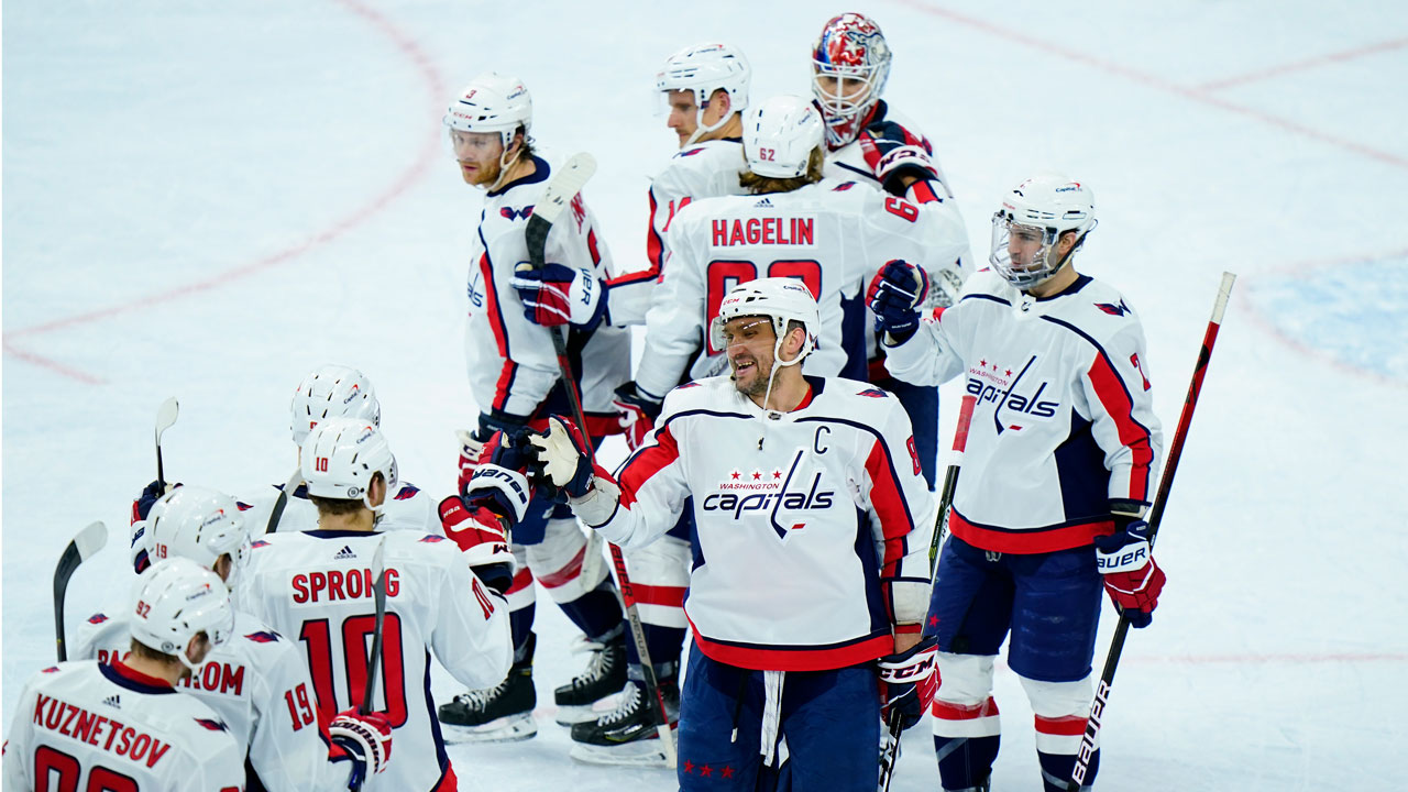 Washington Capitals' Alex Ovechkin (8) celebrates with teammates after an NHL hockey game against the Philadelphia Flyers. (Matt Slocum/AP)