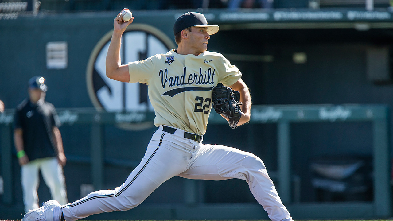 Vanderbilt pitcher Jack Leiter throws during an NCAA college baseball game Oct. 17, 2020, in Nashville, Tenn. (Joe Howell/Vanderbilt University Athletics via AP)