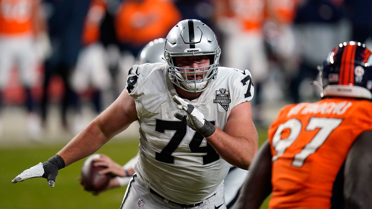 In this Sunday, Jan. 3, 2021 photo, Las Vegas Raiders offensive tackle Kolton Miller (74) in the first second half in Denver. (David Zalubowski/AP)