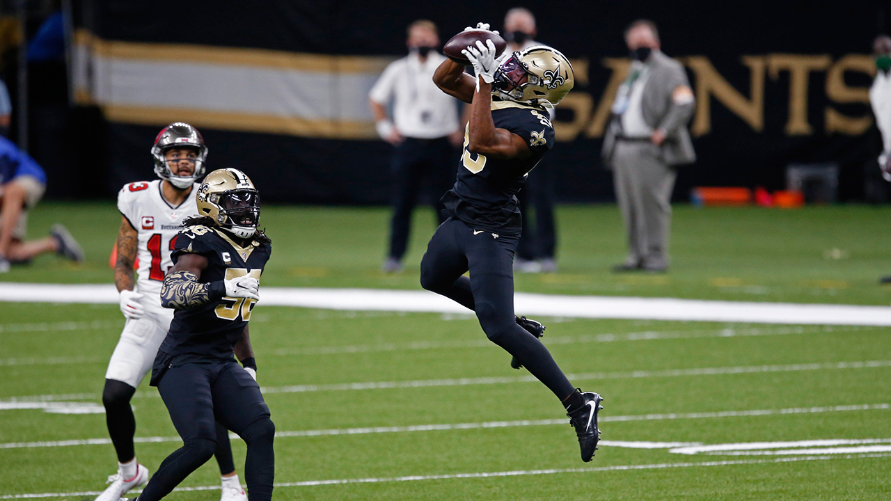New Orleans Saints free safety Marcus Williams (43) intercepts a pass by Tampa Bay Buccaneers quarterback Tom Brady in New Orleans, Sunday, Sept. 13, 2020. (Butch Dill/AP)
